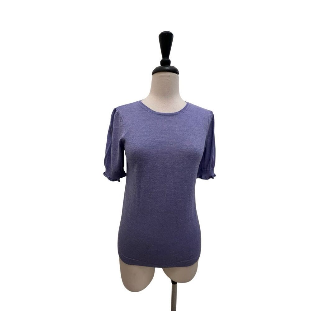 Pearl By Lela Rose Women's Merino Blend Short Sleeve Knit Sweater Blue Sz Small